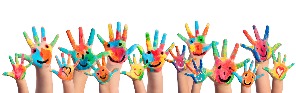 A row of raised hands, each covered in colorful paint with happy faces and designs drawn on the palms, against a light background.