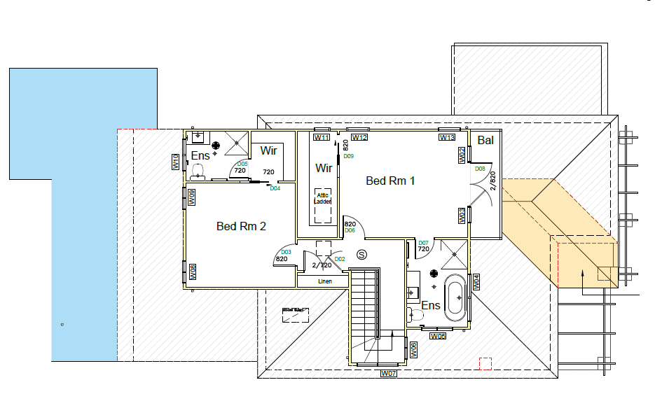 Plans Architectural floor plan showing an upper level with two bedrooms (Bed Rm 1 and 2), three bathrooms (Ens), two walk-in robes (Wir), a balcony (Bal), stairs, and outdoor spaces shaded in blue and beige.