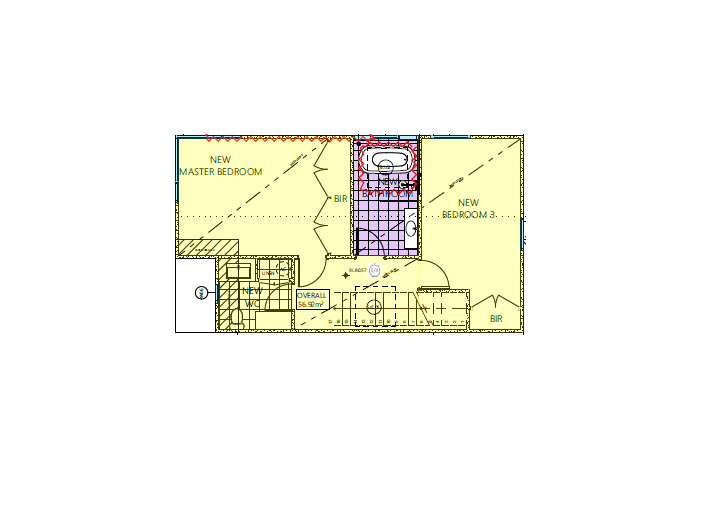Plans Architectural floor plan showing a new master bedroom, a new bedroom 3, shared bathroom with tub, entry, and built-in robes (BIR) in both bedrooms. Labels and measurements are included.
