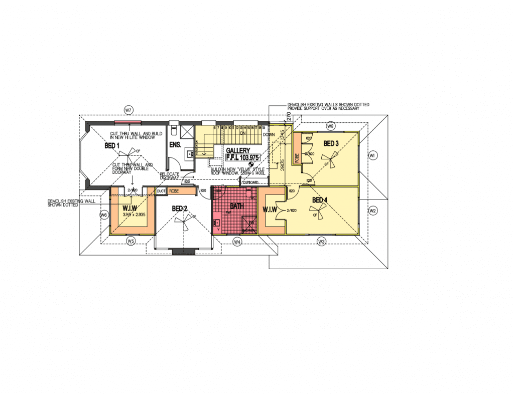 Screenshot 2022-07-28 113535 Architectural floor plan showing four bedrooms (labeled BED 1-4), three walk-in wardrobes (W.I.W), bathrooms, a gallery, and various notes on room layout and wall structure.