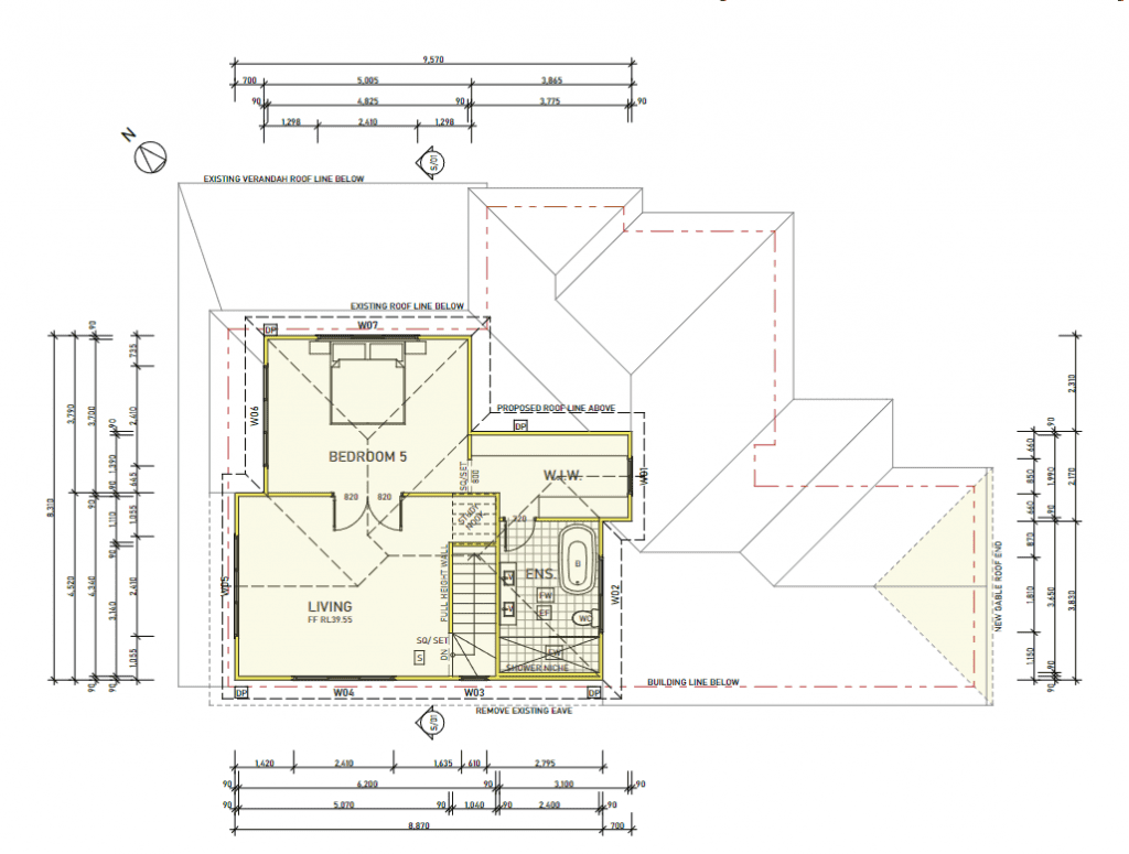 Screenshot 2022-11-03 143101 Architectural floor plan showing a single bedroom, living area, walk-in closet, large bathroom, and staircase. Roof lines, room dimensions, and wall placements are clearly labeled. North arrow is at the top left.