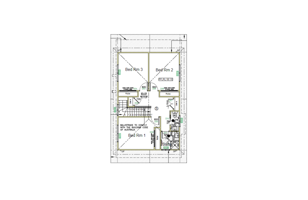 Second Storey Addition Normanhurst - Plans Architectural floor plan showing three bedrooms labeled Bed Rm 1, Bed Rm 2, and Bed Rm 3, with closets and bathrooms, as well as staircases and hallways connecting the rooms.