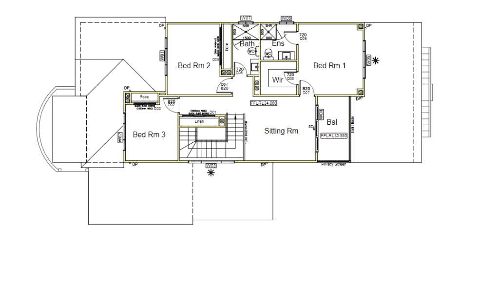 Second Storey Addition Lakemba -Plans Architectural floor plan of a houses upper level showing three bedrooms, two bathrooms, a walk-in robe, a sitting room, a stairwell in the center, and a balcony off Bedroom 1 and the sitting room.