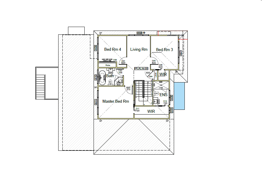 Second Storey Addition St Ives - Plans Floor plan showing four bedrooms, a living room, two walk-in robes (WIR), a bathroom, and an ensuite (ENS). Staircase is centrally located with access to all rooms. Roof outlines and balcony are also visible.