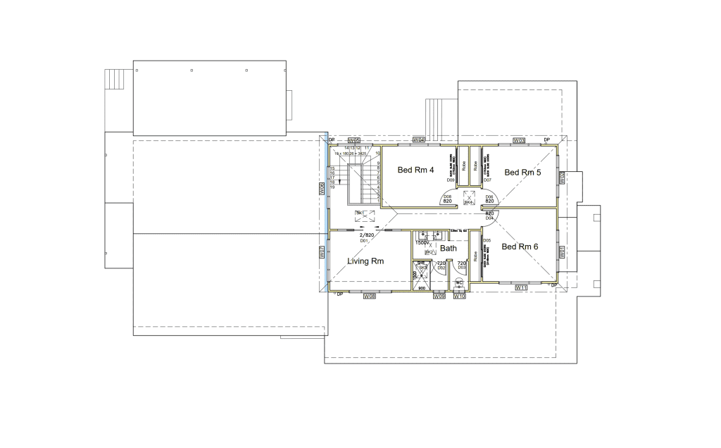 Second Storey Addition - Gladesville Plans Architectural floor plan showing the upper level of a house with three bedrooms (Bed Rm 4, 5, 6), a living room, two bathrooms, closets, stairs, and access to outdoor areas.