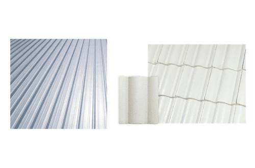 Roofing - Standard Inclusion Side-by-side images of metal roofing: the left shows a close-up of silver corrugated metal sheets, and the right shows white-painted metal roofing with a small roll of white material placed in the center.