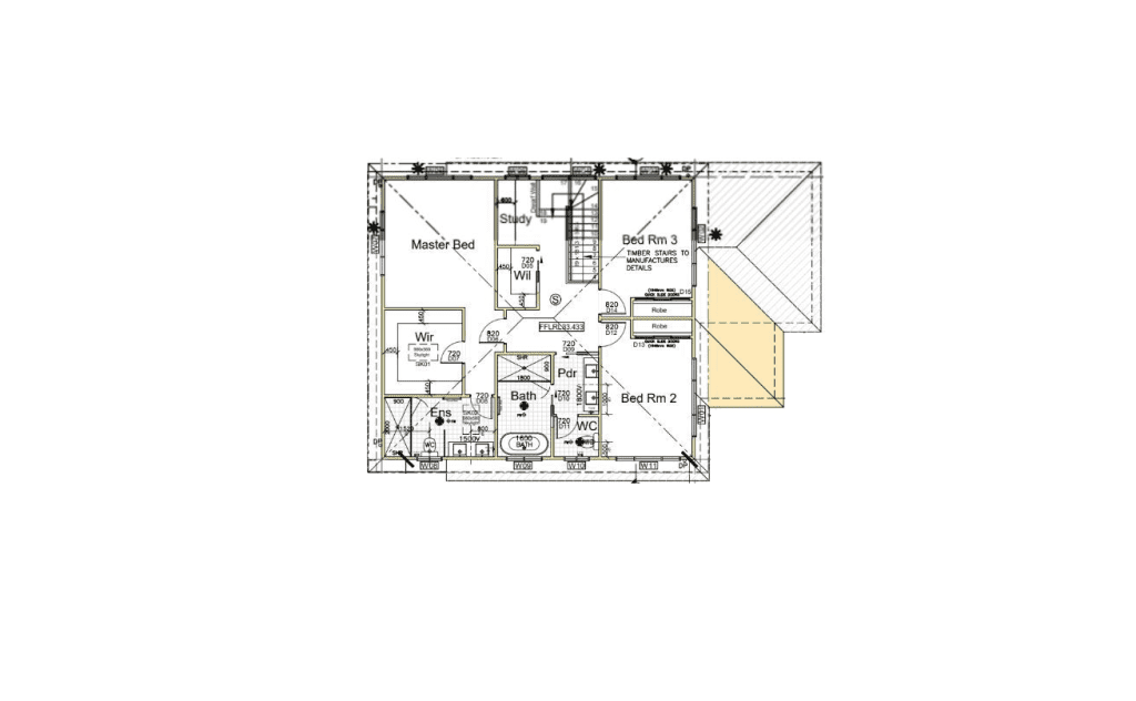 Second Storey Addition Kingsford Plans Black and white floor plan showing a master bedroom with ensuite and walk-in robe, two additional bedrooms, a study, bathroom, WC, and hallway. Highlighted yellow area indicates a section near Bed Rm 3 and Bed Rm 2.
