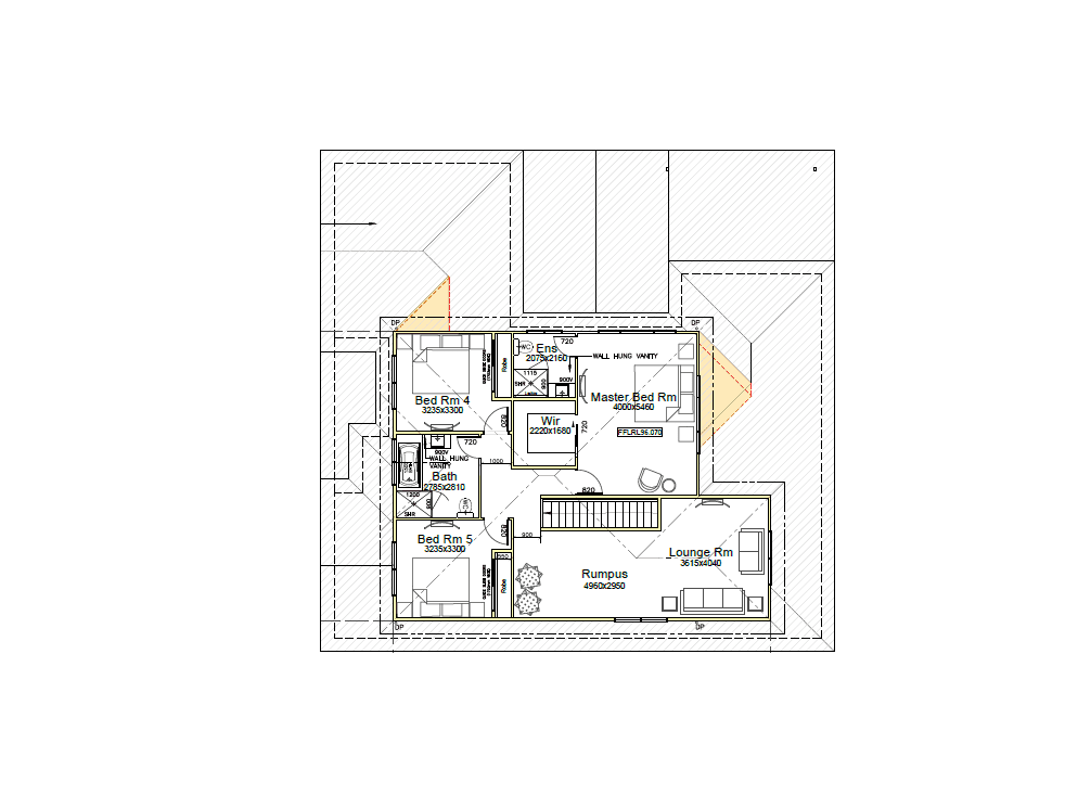 Second Storey Addition Narellan Vale Plans Architectural floor plan showing a second story with three bedrooms, a master bedroom with walk-in closet and ensuite, shared bathroom, rumpus room, lounge area, and stairwell access.