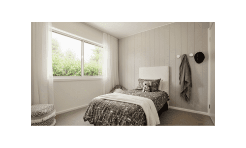 Windows - Standard Inclusion A neatly made single bed with gray bedding and a stuffed animal sits in a bright bedroom with a large window, light walls, and a hook holding two items next to the bed.