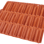 Roofing - Upgrade Terracotta A single sheet of brown metal roofing designed to look like traditional clay tiles, featuring a repetitive rectangular pattern and a slightly glossy finish.