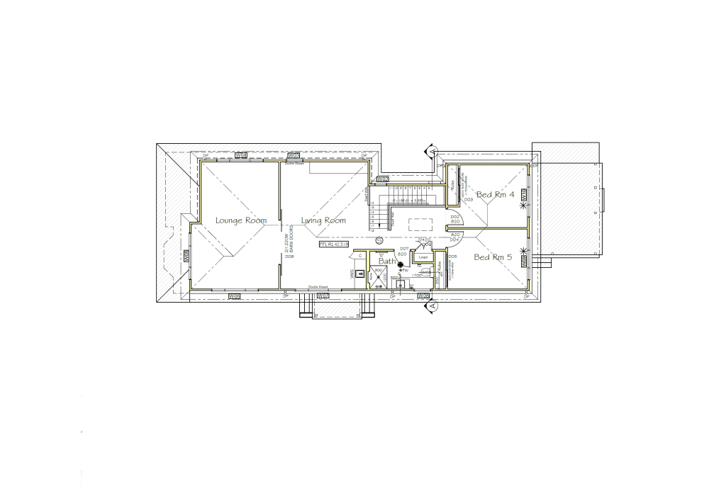 Second Storey Addition Earlwood - Plans Architectural floor plan showing a house layout with labeled rooms: lounge, living room, bed rooms 4 and 5, bathroom, WC, stairs, and entryways. The rooms are connected by hallways, with doors and windows marked.