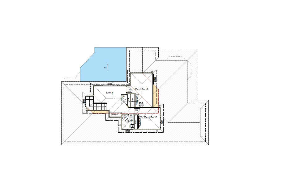Second Storey Addition Narellan - Plans Architectural floor plan showing the upper level of a house with two bedrooms, two bathrooms, a living area, staircases, and an outdoor patio or terrace area highlighted in blue.