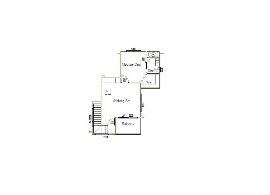 Second Storey Addition Albion Park - Plans A simple floor plan showing a master bedroom with ensuite bath and walk-in closet, a sitting room, and a balcony. A staircase leads to this upper level.