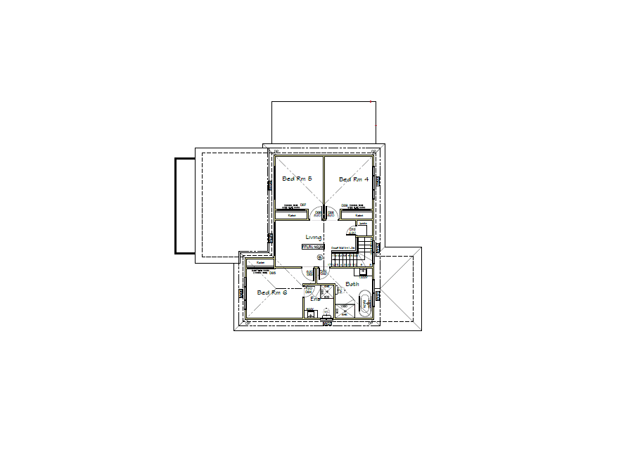 Second Storey Addition Ambarvale Plans Architectural floor plan of a house’s upper level, showing three bedrooms, two bathrooms, and a central living area; stairs and doors are clearly marked.