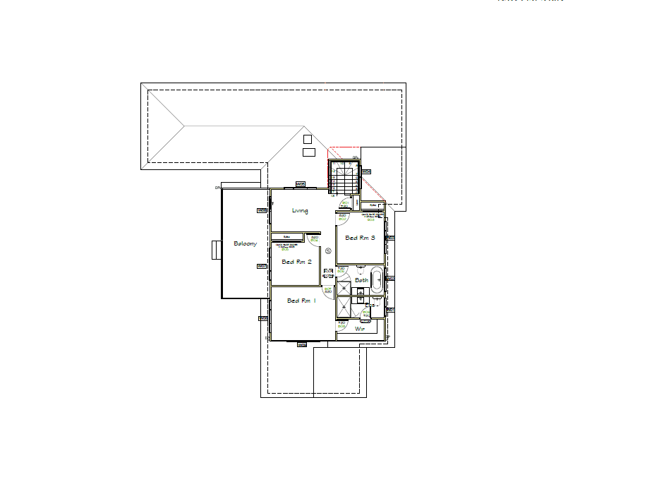 Second Storey Addition North Rocks - Plans Black and white floor plan showing a house layout with three bedrooms (Bed Fan 1, Bed Fan 2, Bed Fan 3), two bathrooms, a living room, a balcony, and staircases. Roof outlines are also visible.