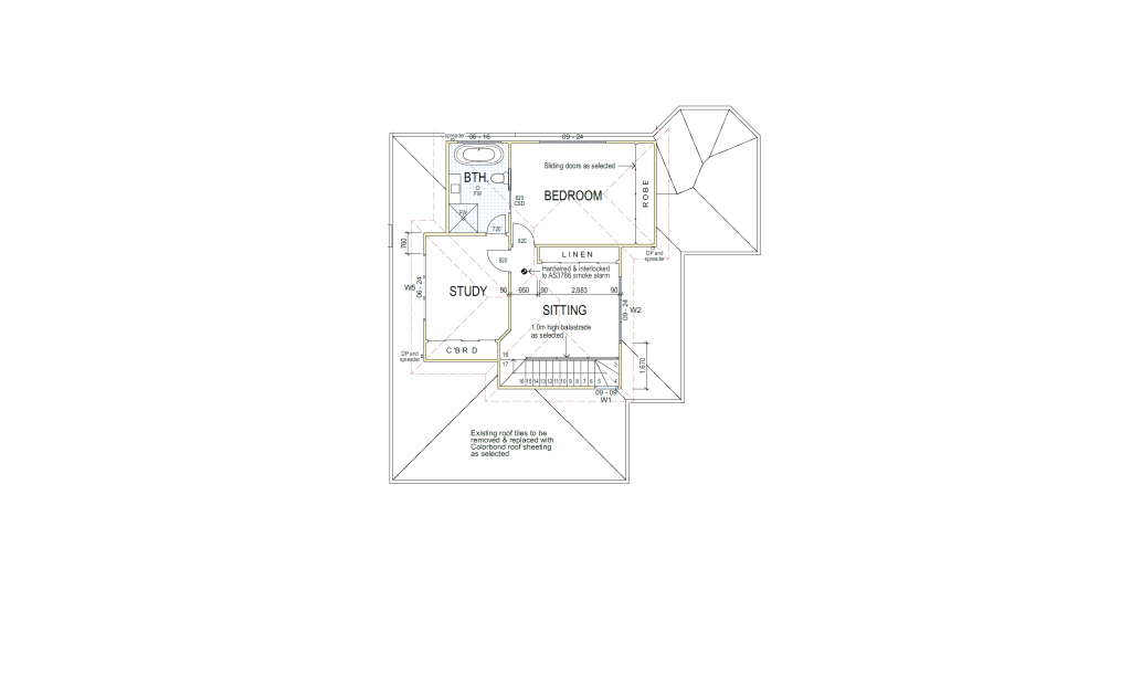 Plans - Second Storey Addition Strathfield Architectural floor plan of a second story showing a bedroom, bathroom, study, linen closet, sitting area, and two stairways. Roof outlines and measurements are also visible.