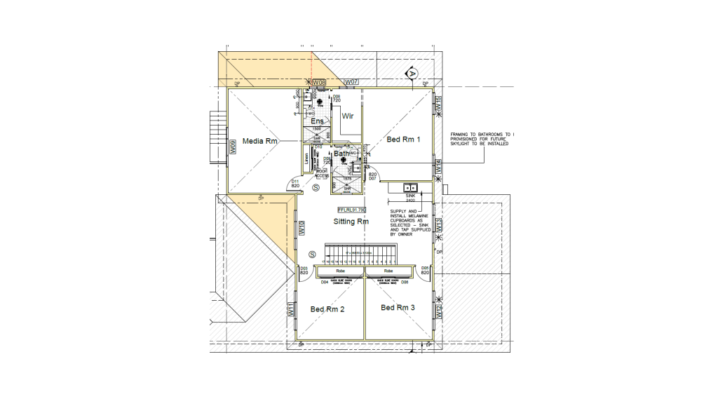 Second Storey Addition Baulkham Hills Plans Architectural floor plan showing a layout with a media room, three bedrooms, a sitting room, bathrooms, a stairwell, and various doors, windows, and structural details labeled throughout.