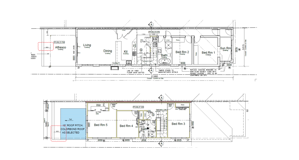 Second Storey Addition Maroubra - Plans Architectural floor plan of a two-story house, showing labeled rooms including living, dining, kitchen, four bedrooms, bathrooms, sunroom, alfresco area, and roof details. Stairs connect the two levels.